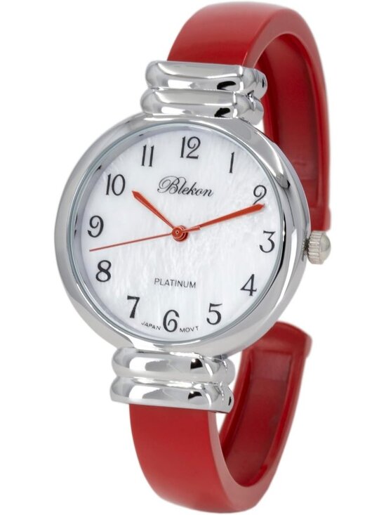 Women\'s Silver Red Analog Quartz Metal hinged Bangle Pearl Cuff Bracelet Watch main image 4